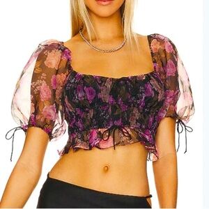 NWT For Love And Lemons Black and Pink Floral Blouse